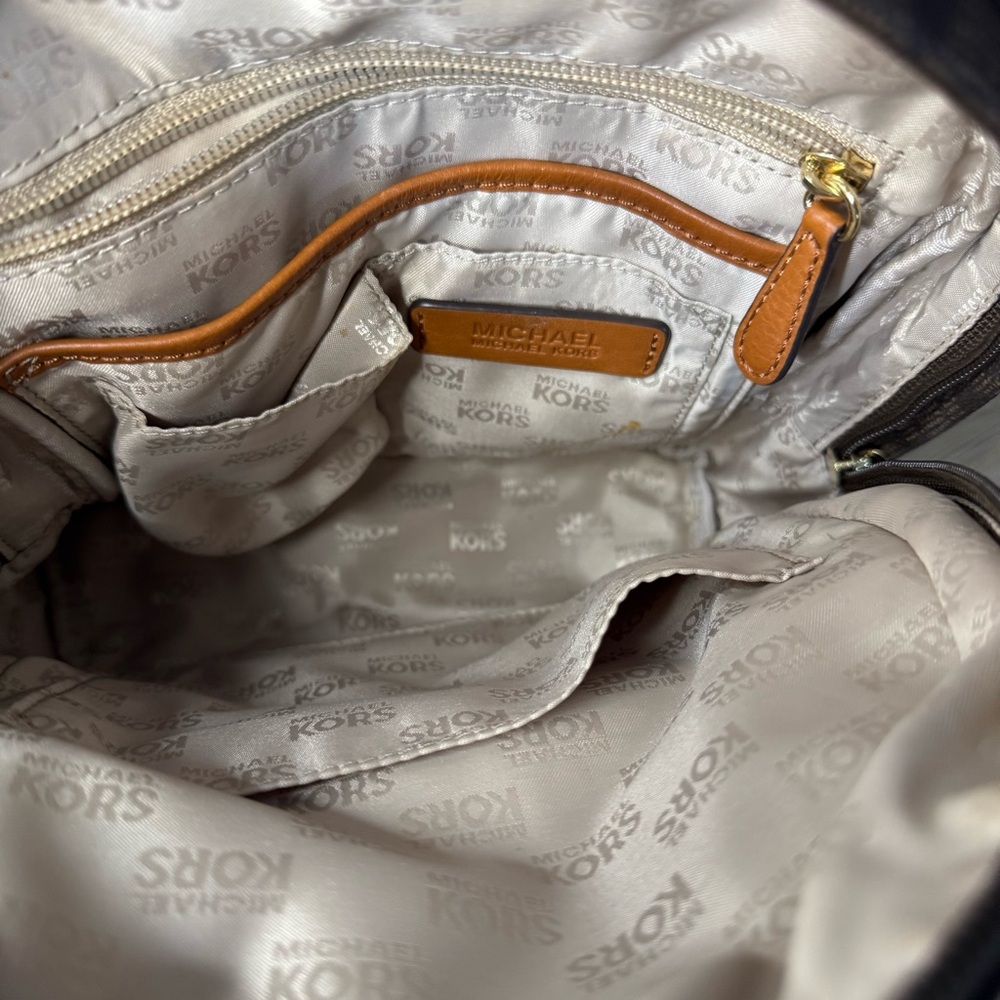 Michael Kors Mini Backpack Brown Signature Monogram Tan‎ Gold Rucksack Small Bag - Picture 5 of 11